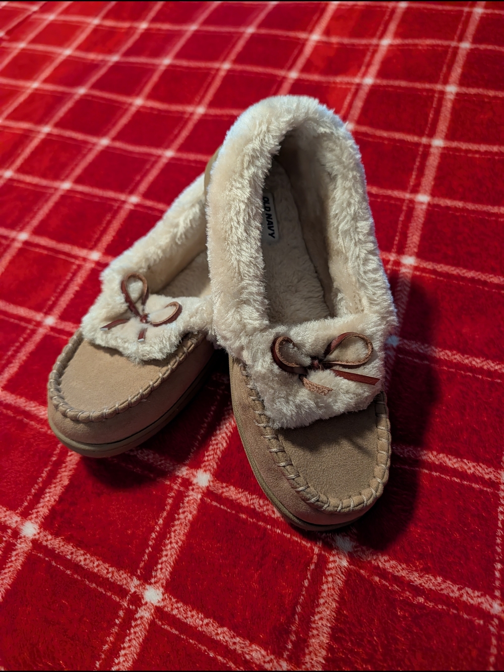 Old Navy Tan Moccasin Slippers with Cream Faux-Fur Trim